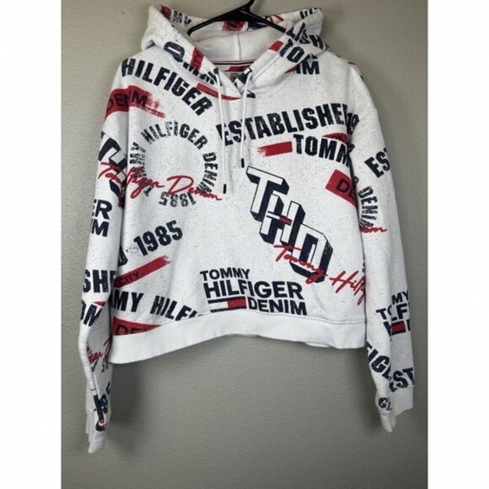 Tommy Hilfiger Women's White and Red Graphic Hoodie